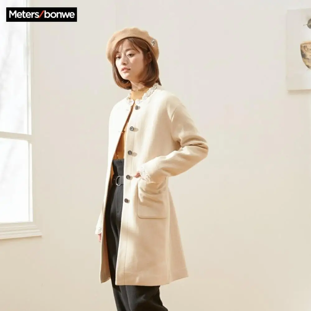 METERSBONWE шерстяное пальто с круглым вырезом и вафельным принтом женская зимняя