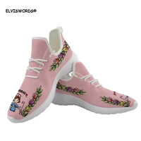 elviswords lovely nurse cartoon pattern pink women flats shoes knit comfortable lace up shoes for ladies light walking sneakers