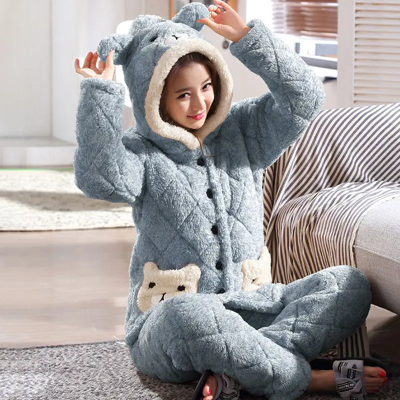 New Coral Cashmere Cotton Pajamas Women's Autumn and Winter Thickening and Cashmere Can Wear Lovely Home Clothes Suit Outside