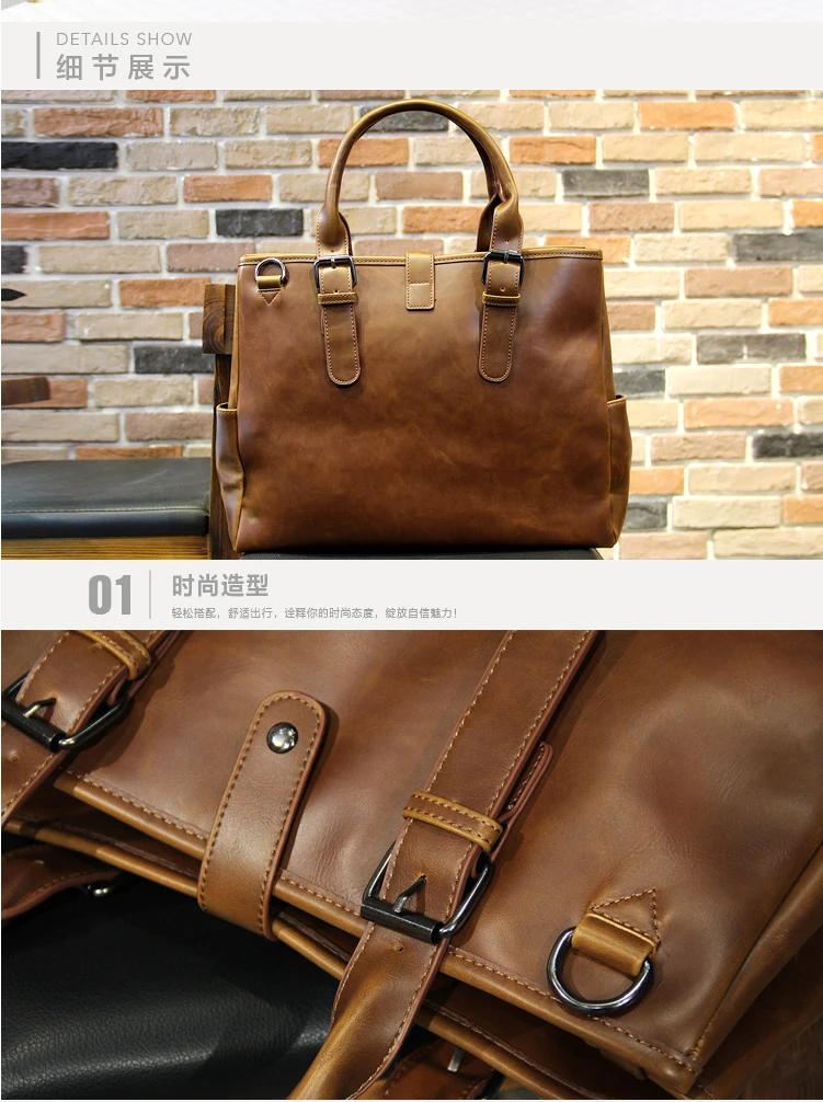 

Vintage Crazy Horse Leather Handbag Large Capacity Men's Leisure Maletas Computer Bag Retro Simple Office Briefcase