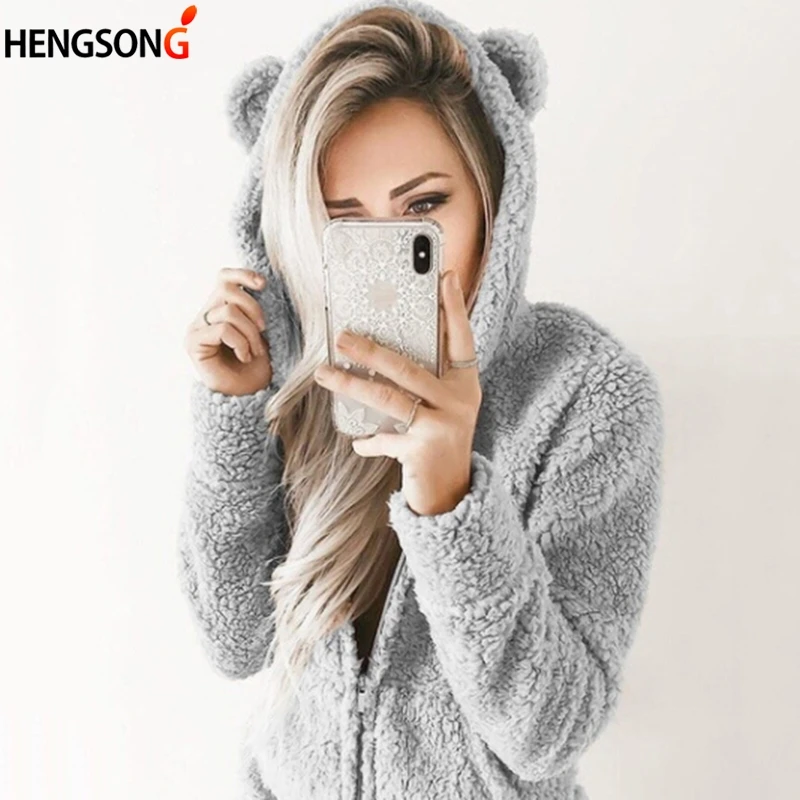 

New Hooded Bodysuit Fleece Fuzzy Romper Women Overall Winter Warm Long Sleeve Kawaii Rompers Casual Sweet Girls Playsuits