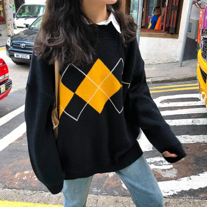 

Fashion Geometric Pattern Fashion Basic Hit Casual Regular 2021 Female Women Long Sleeve All Match College Wind Hit Sweaters