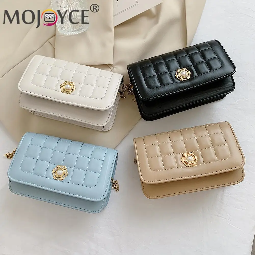 

Elegant Plain Lattice Pattern Crossbody Bags Small Female Pearl Pure Color Messenger Bags Chain PU Leather Shoulder Bags