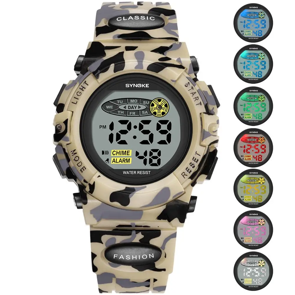 khaki SYNOKE Sports Military Kids Digital Watches Student Children's Watch Fashion Luminous Led Alarm Camouflage Green Boy Clock - Цвет: khaki