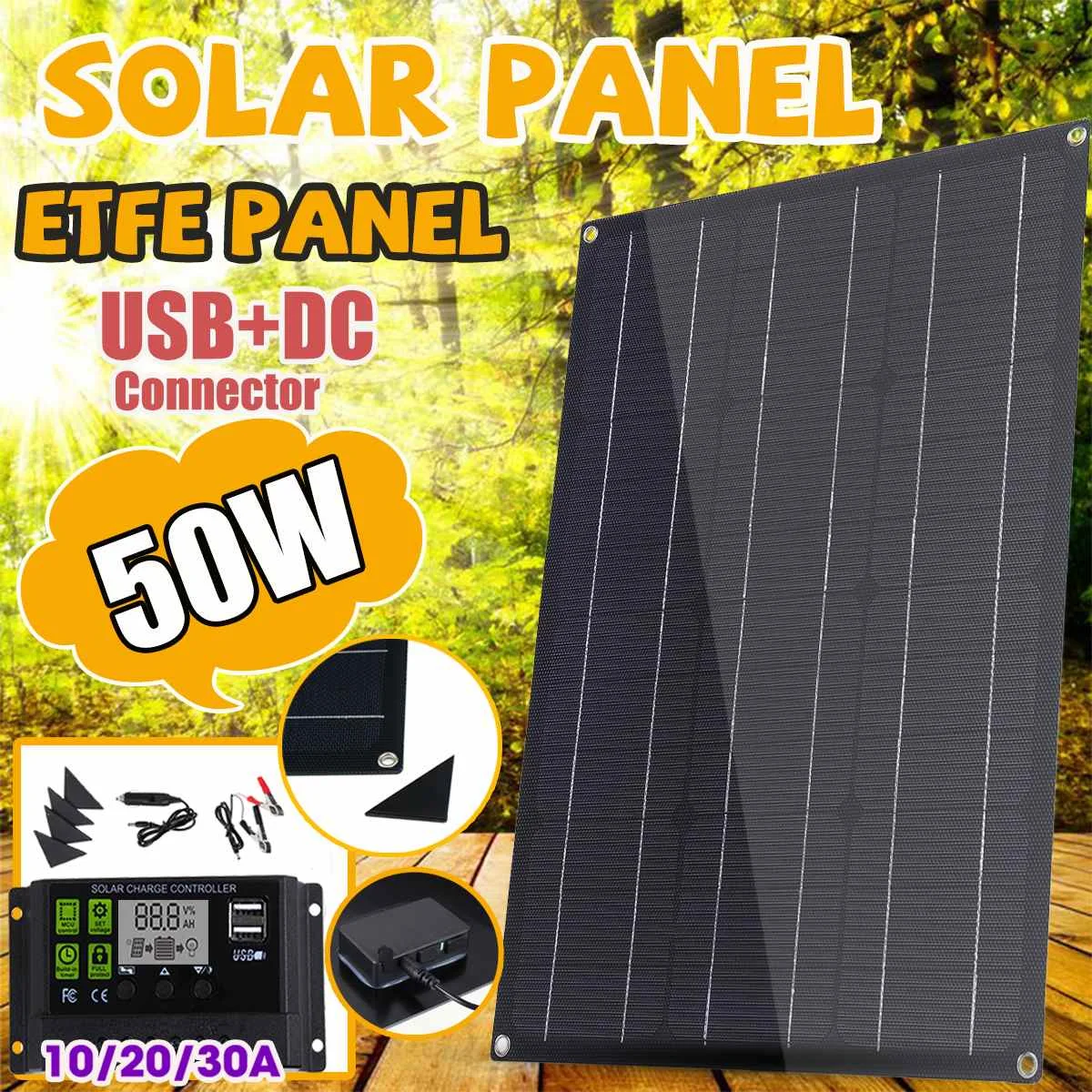 Гибкая монокристаллическая солнечная панель ETFE 50 Вт кремний с ЖК дисплеем 10/20/30 А