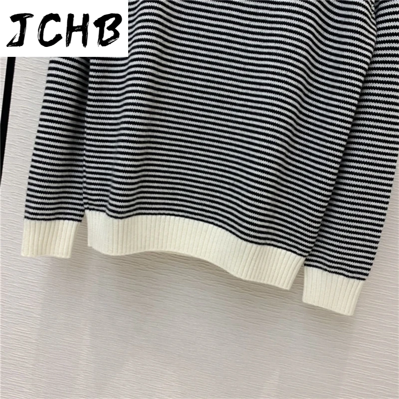 

Luxury 100% Brand Wool Women 2021 Early Spring New Casual Black White Striped Pullovers O-Neck Long Sleeve Sweater Shirt