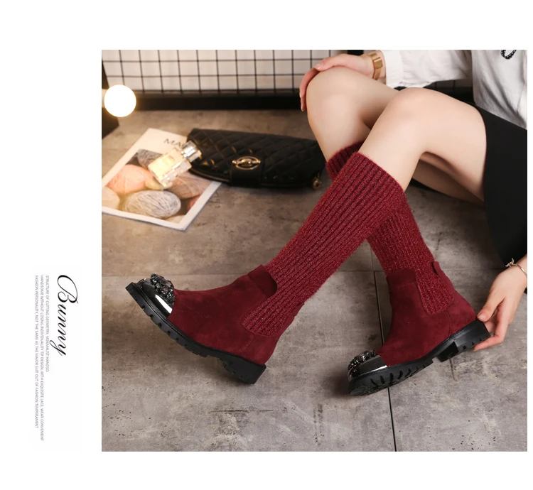 Botas Mujer; зимние вязаные сапоги; женские сапоги до середины икры; Bota Feminina; обувь со стразами; женские эластичные сапоги; Botines Mujer; коллекция года; Zapatos De Mujer