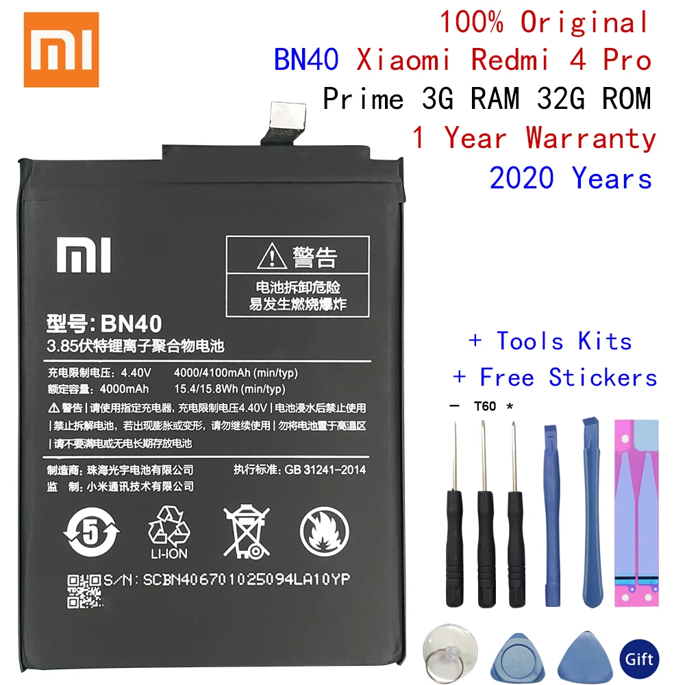

Xiao Mi Original Replacement Phone Battery BN40 For Xiaomi Redmi 4 Pro Prime 3G Hongmi 4 Pro 4100mAh With Free Tools