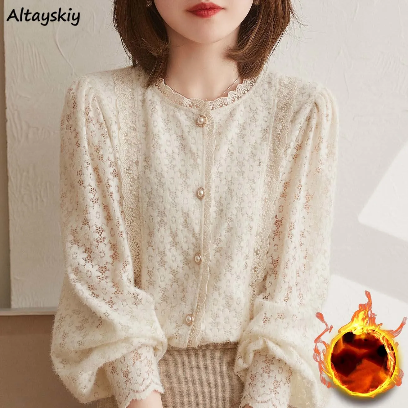 

Women Lace Shirts Hollow Out Thick Long Sleeve Button Tops Elegant Warm Bottoming Clothes OL Pearls Gentle O-neck Blouses Femme