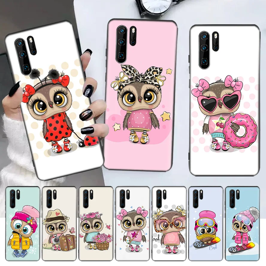 

Cute Owl Hearts Lover Black Phone Case For Huawei P30 Lite P20 Pro P40 P10 Mate 20 40 30 10 P Smart Z Plus Pattern Cover Bag