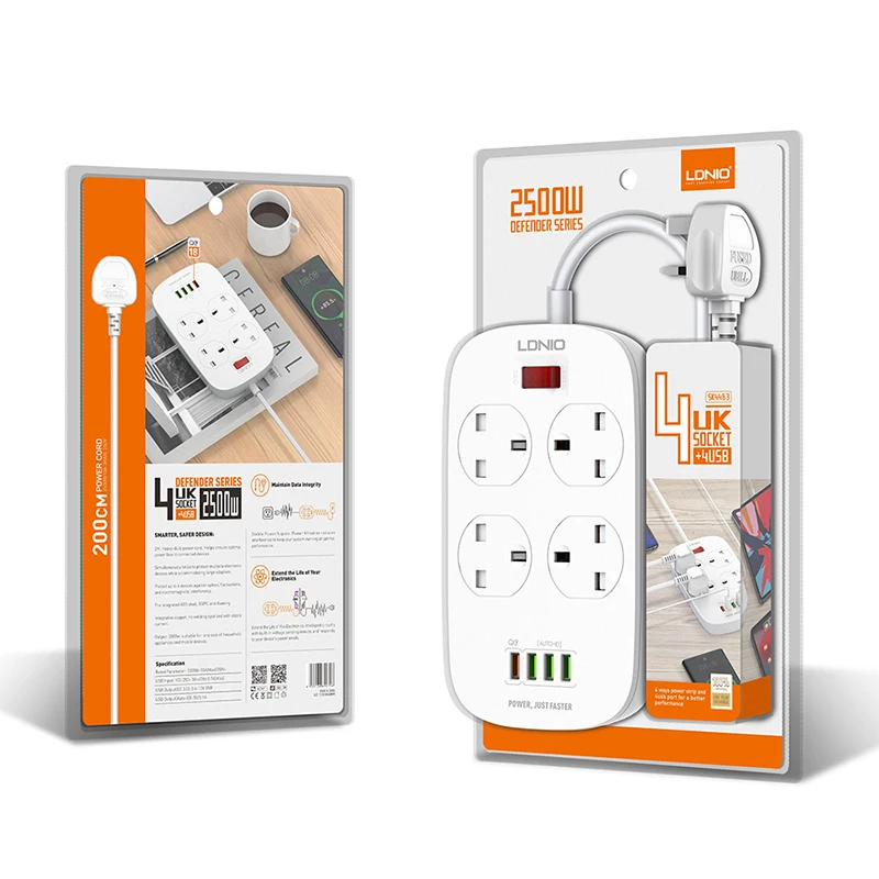 UK Power Strip Защита от перенапряжения с 4 выходами + 3 Смарт USB 18 Вт Быстрая зарядка 0