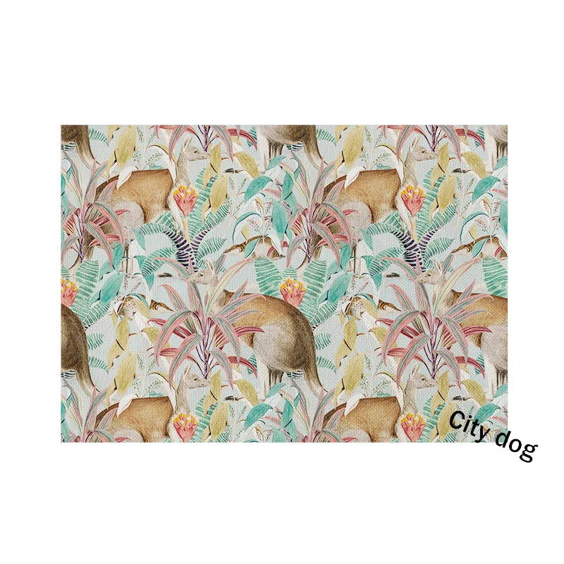 

Southeast Asian style Placemat Green tropical plant leaves animal flamingo kangaroo giraffe hippo leopard Art Dining Table Mat
