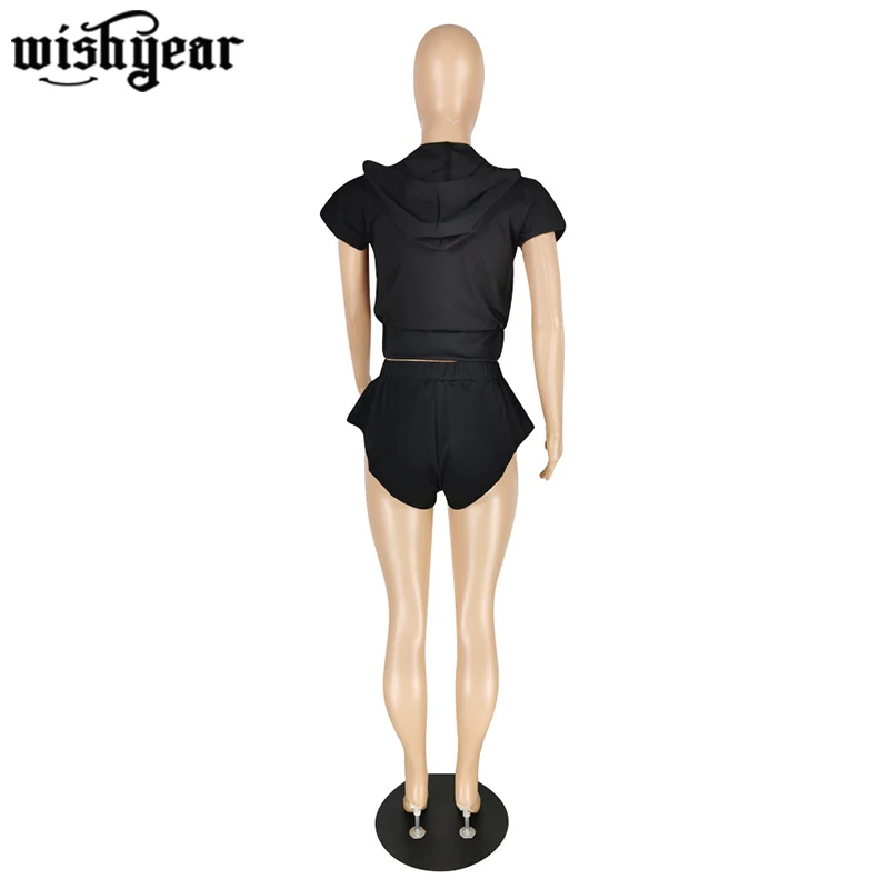 

Women Solid Color Shorts Two Piece Set Hooded Zipper Stand Collar Crop Tops Mini Short Pants Casual Fitness Sporty Tracksuit
