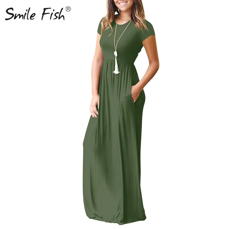 Летнее Длинное Платье Макси новое однотонное повседневное женское платье с