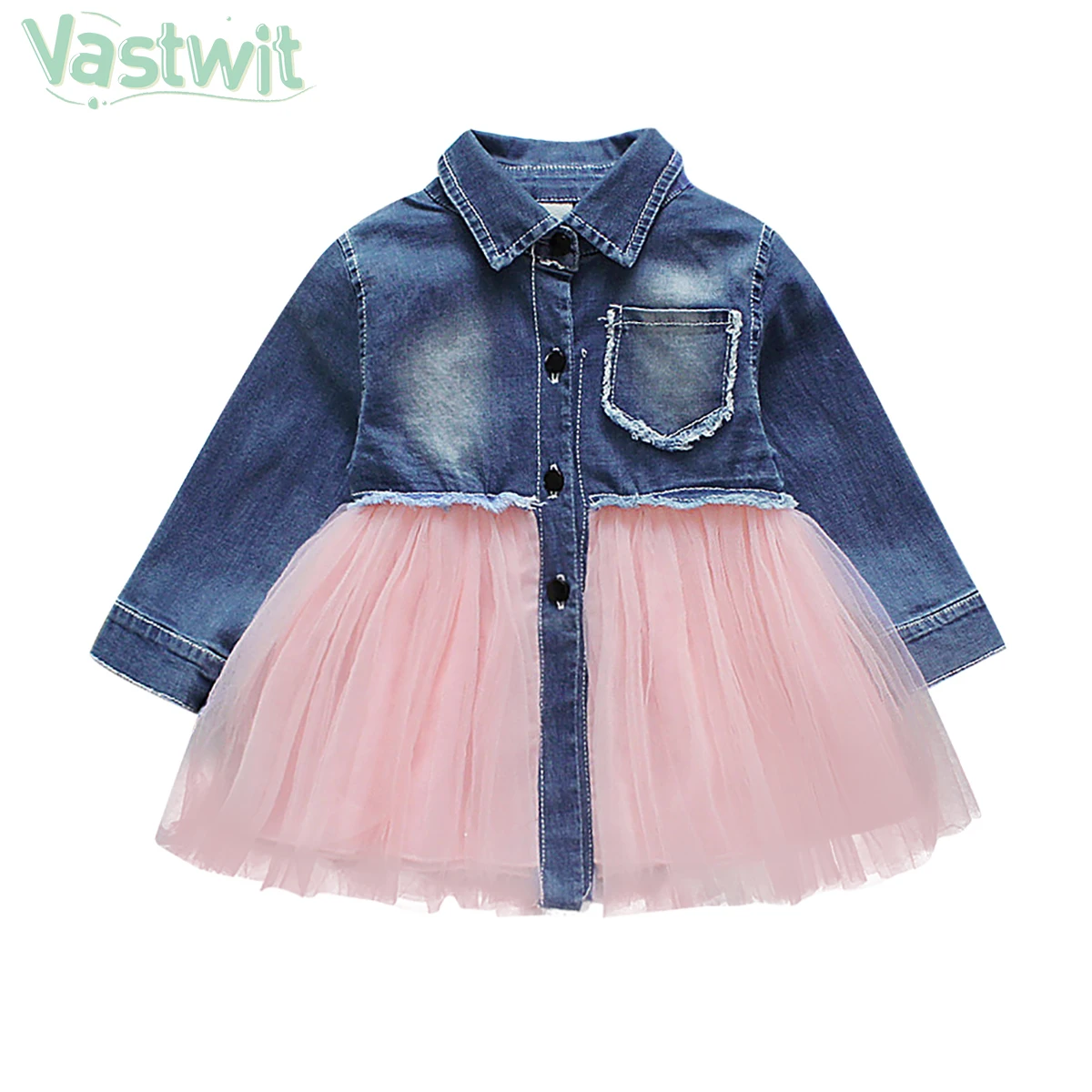 

Spring Baby Girl Clothes Denim Patchwork Design Long Sleeve Lace Tulle Tutu Dress Toddler Kid 0-4Y Newborn Baby Girl Party Dress