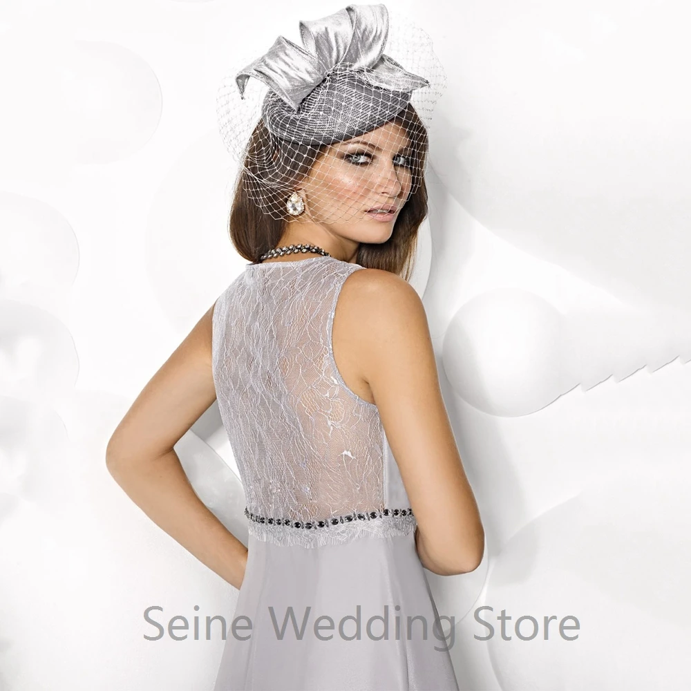 

Cheap Chiffon A Line Mother of The Bride Dress O Neck Sleeveless with Jacket Beading Sashes Knee Length Mother Party Gowns