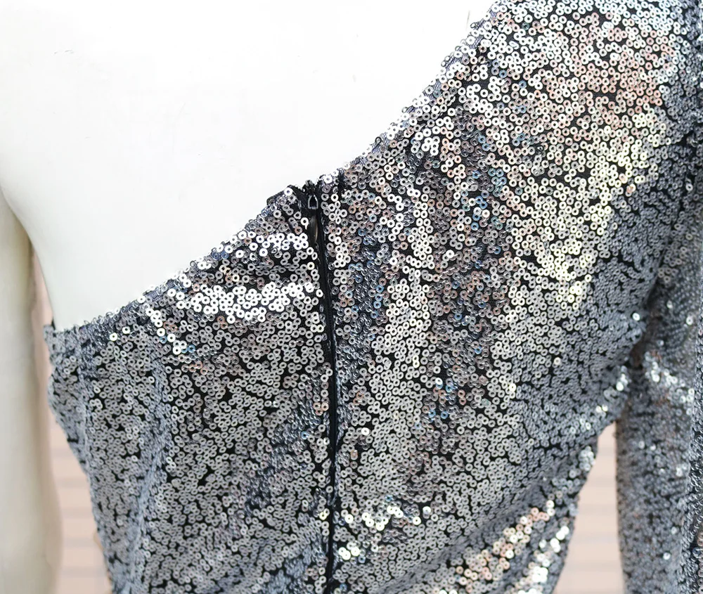 

Women Glitter Silver Party Club Mini Dress Sequined Asymmetric V-neck Bodycon Sheath Vestidos Sexy long Sleeve Dress