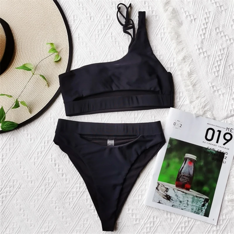 Женский раздельный купальник GNIM однотонный бикини на одно плечо с эффектом