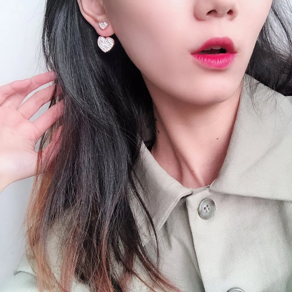 Серьги Двойные сердца с бриллиантами простые Стильные серьги ремнем сзади