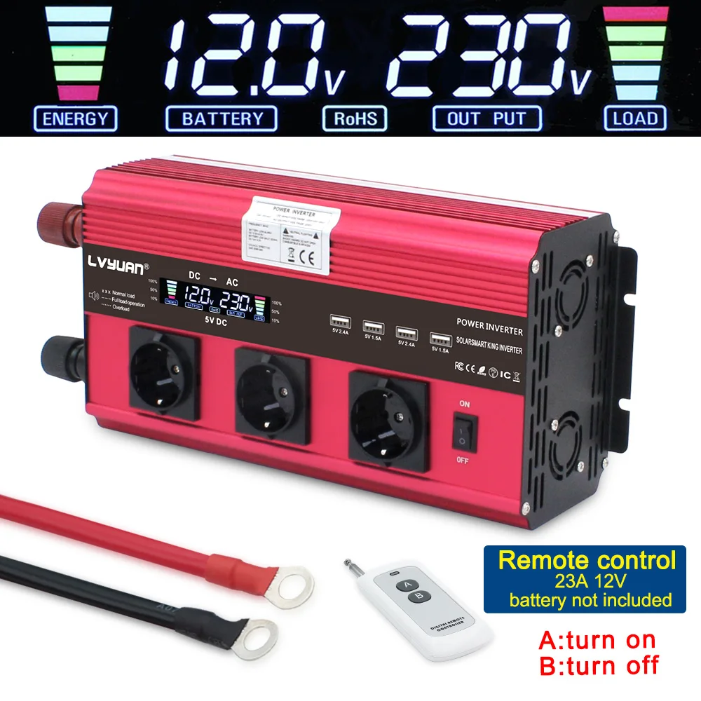 ЖК-дисплей Display12000w инвертор питания DC 12 В AC 220 В обеспечение конвертера солнечной энергии модифицированная Синусоидальная волна 4USB 4 вентилятор с пультом дистанционного управления