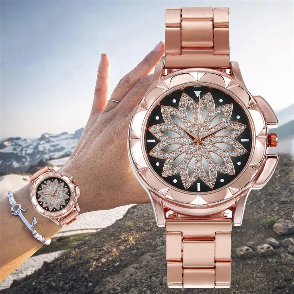 

Women Watches Fashion Ladies Steel Belt Watch Wild Lady Creative Fashion Gift Fashion Women Rose Gold Flower Rhinestone Watches