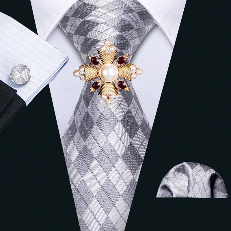 

Men Tie Sliver Floral Necktie Gravat Handkerchief Brooch Set Silk Ties For Men Party Business Gift Barry.Wang Designer