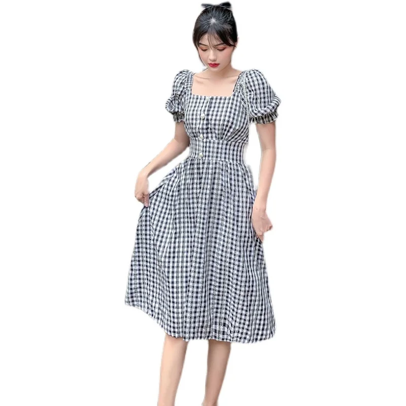 

Lesavir Plus Size Trendy Elegant Women's One-shoulder Plaid Dress 2021 Summer Thin Waist Popular A-line Skirt Leisure Picnic