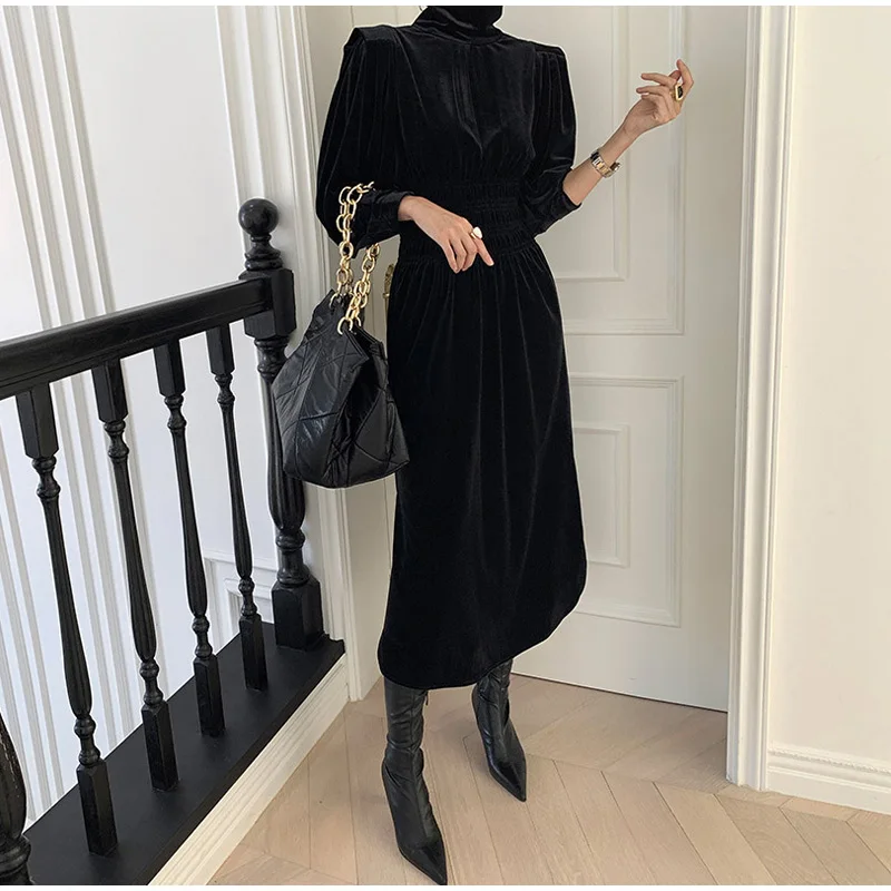 

Elegant Velvet High Neck Long Dress Women New Chic Korean Lantern Sleeve Slim Dresses Female 2021 Autumn Winter Ladies Vestidos