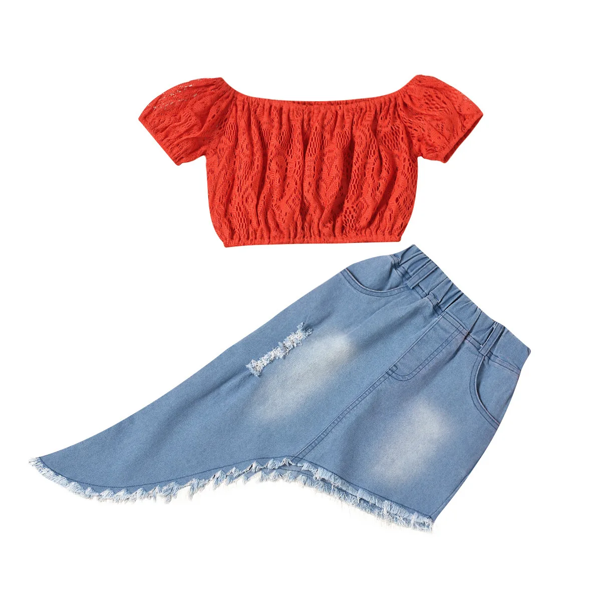 

Kids Baby Girls Summer One Shoulder Short Sleeve Tops T-shirt Solid Denim Irregular Skirts Toddler Children Clothes Sets 2pcs