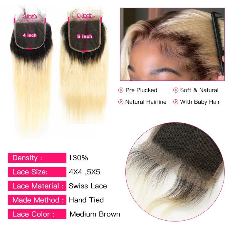 Facebeauty 5x5 кружевное закрытие 1B 613 блонд Омбре медовый цвет бразильские Remy