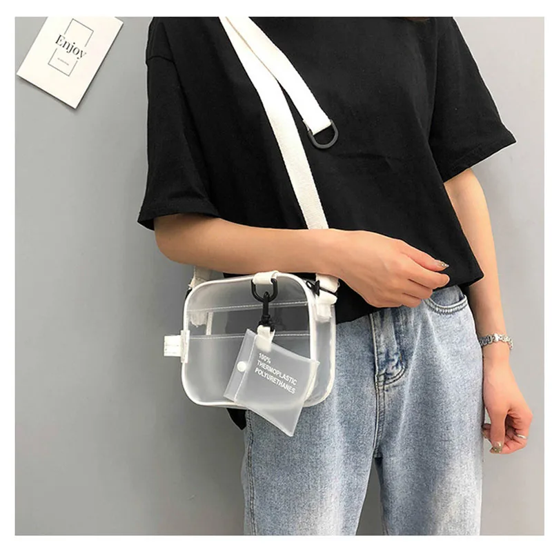 

2021 Hong Kong style transparent small bag frosted beach small square bag Korean simple art single shoulder messenger small bag