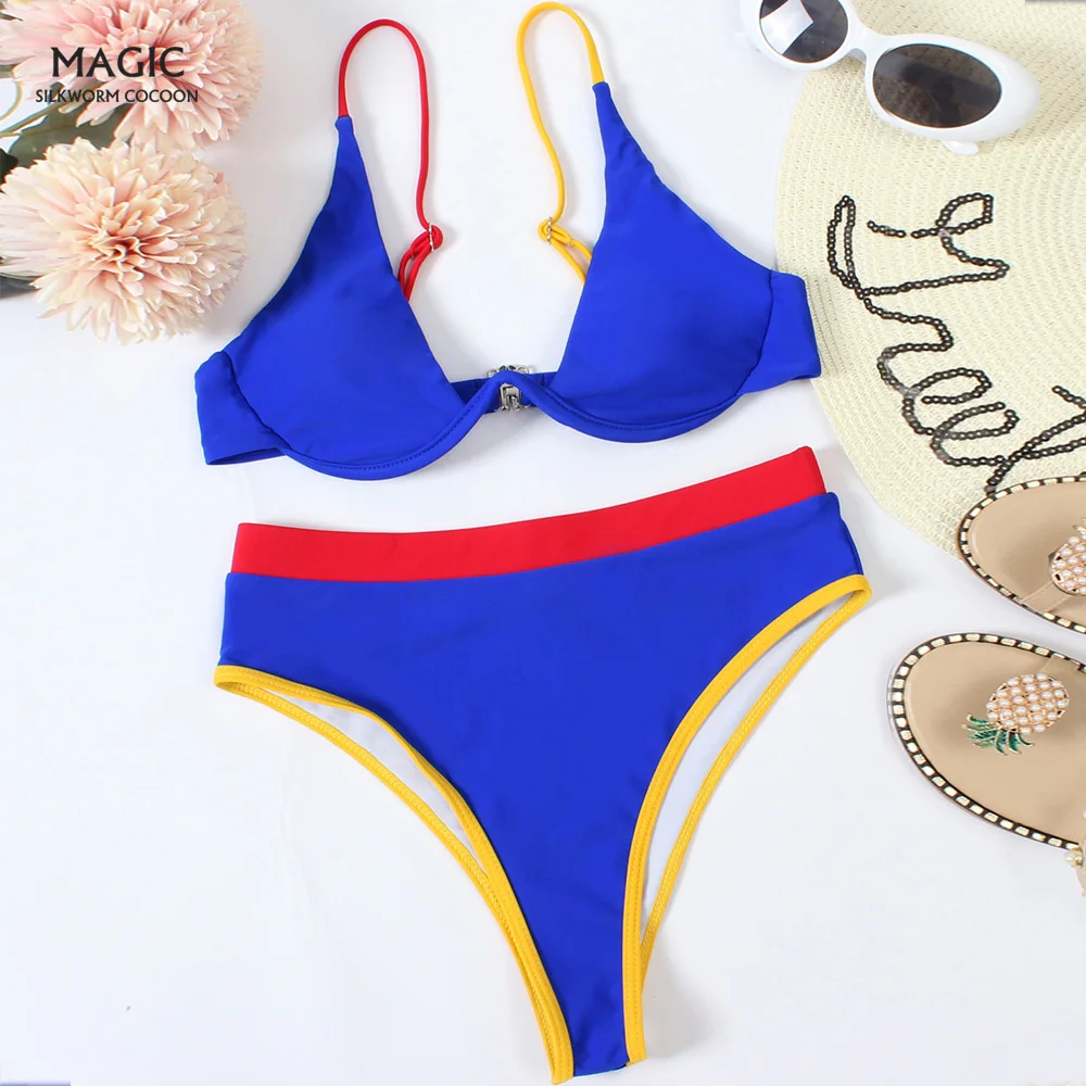 Blue Patchwork V-bar Underwire Bikini 2020 Female Swimsuit Women Swimwear  Two-piece V shape Wire Bikini set Bather Bathing Suit - купить по выгодной  цене | AliExpress