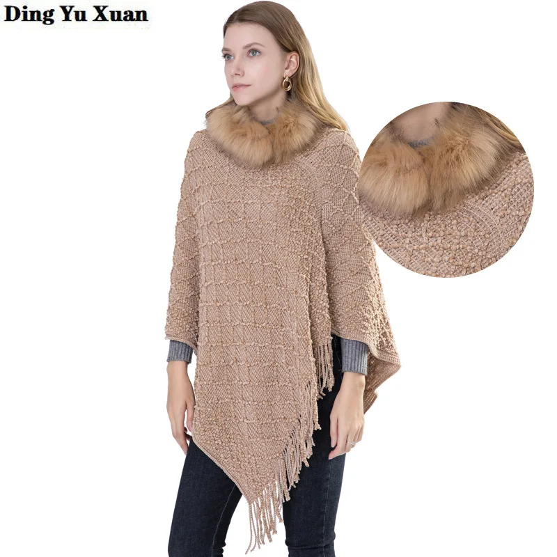 

Autumn Winter Fur Collar Pullover Poncho Capes Women Solid Khaki Black Pink Shawl Coat Tassel Batwing Sweater Warm Cashmere