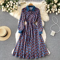 elegant vintage geometric printed midi dress womens shirt collar long sleeve casual dress runway design office lady robe m6a378