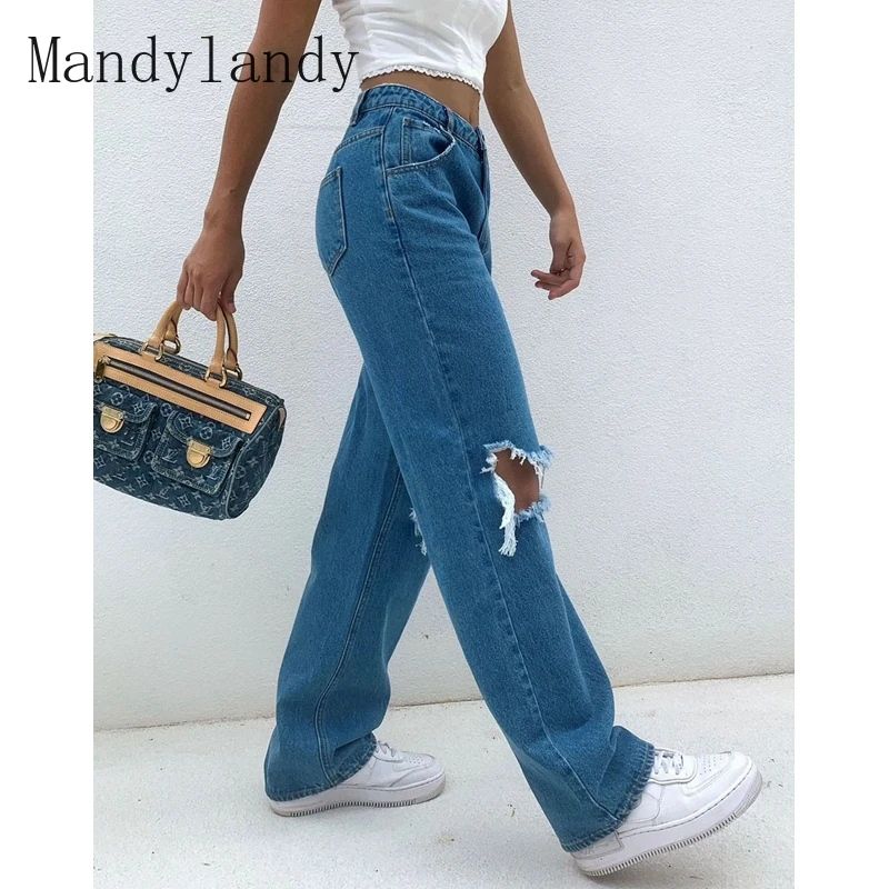 

Mandylandy Jeans Spring Summer High Waist Button Pocket Loose Wide-Leg Jeans Women's Casual Solid Color Ripped Jeans