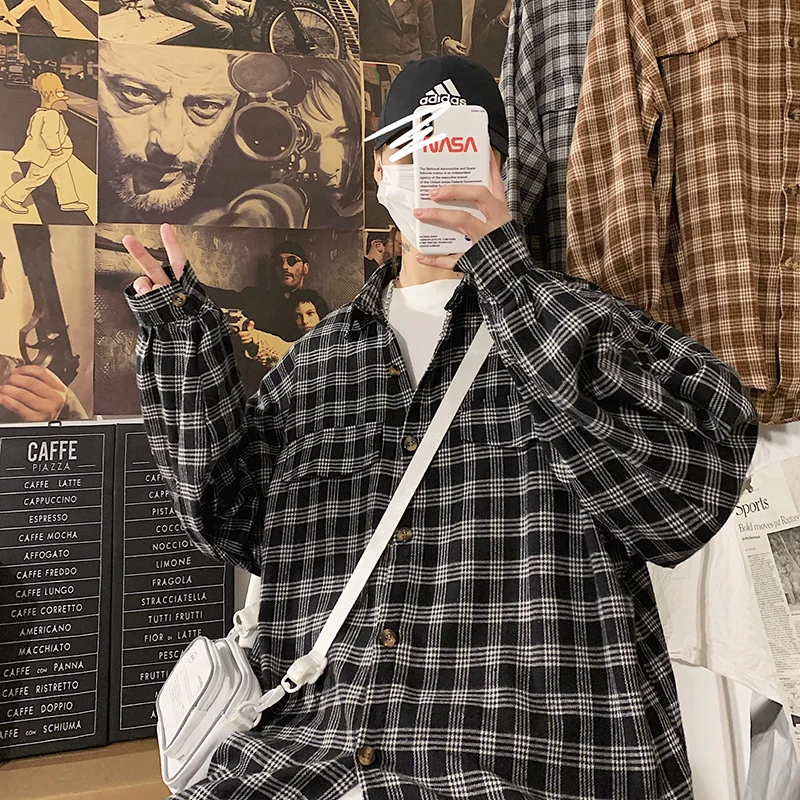 Женская Свободная блузка с отложным воротником Весенняя клетчатая рубашка