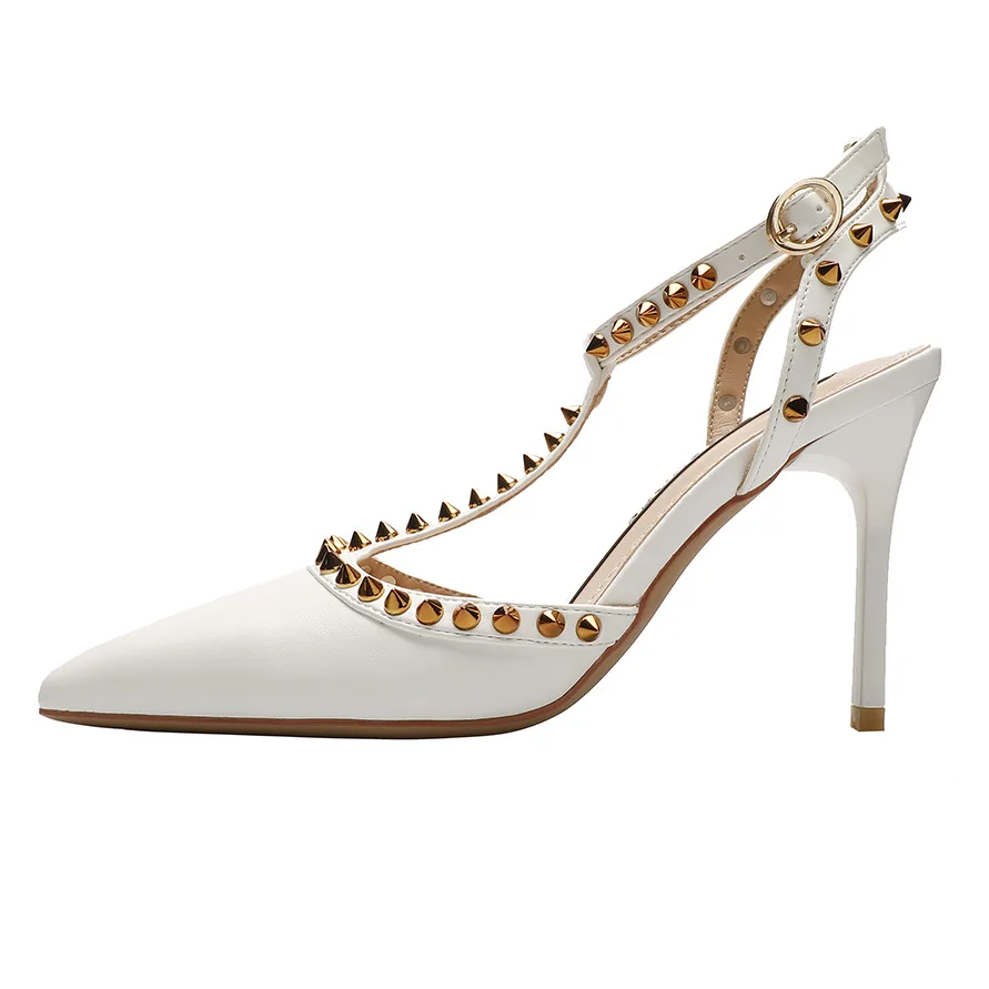

2021 New Korean Style Fashion Pointed High Heels Rivet T-strap Sexy Sandals Thin And Thin Heel Women's Shoes