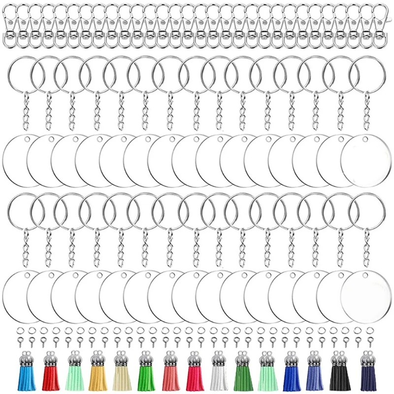 

180 шт. акриловые заготовки для брелоков с кольцами для ключей круглые прозрачные диски круглые цветные Подвески с кисточкой зажимы для брел...