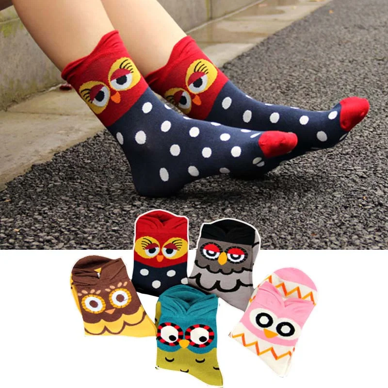 

Kawaii Women Animal Cotton Socks 5 Pairs/Lot Colorful Owl Patterned Cartoon Female Ladies Funny Tube Socks