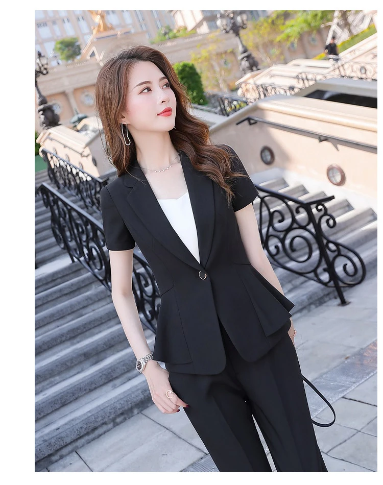 IZICFLY Summer Style New Beige Slim Professional Business Two Piece Blazer Set Women Pants Suit Office Work Wear Black