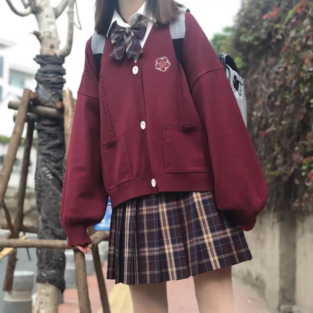 

Embroidered JK Knitted Cardigan Coat Women New Autumn Winter Lantern Sleeve Loose Sweater Cardigans Japanese School Uniform