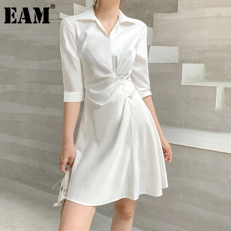 

Женское асимметричное платье EAM, белое платье-рубашка с отворотом, рукав три четверти, свободный крой, весна-лето 2022, 1DD8612