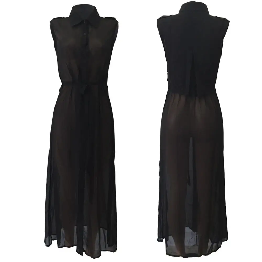 Женский шифоновый кардиган без рукавов прозрачное длинное пальто с поясом