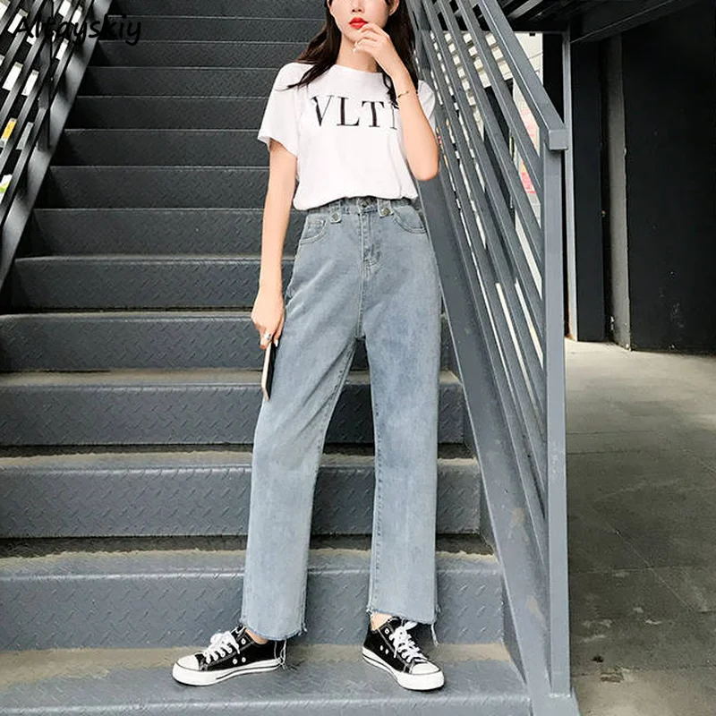 

Jeans Women Retro Blue Denim Ankle Length Straight Trousers Empire Button All-match Fur-lined Loose Students Korean Style Mujer