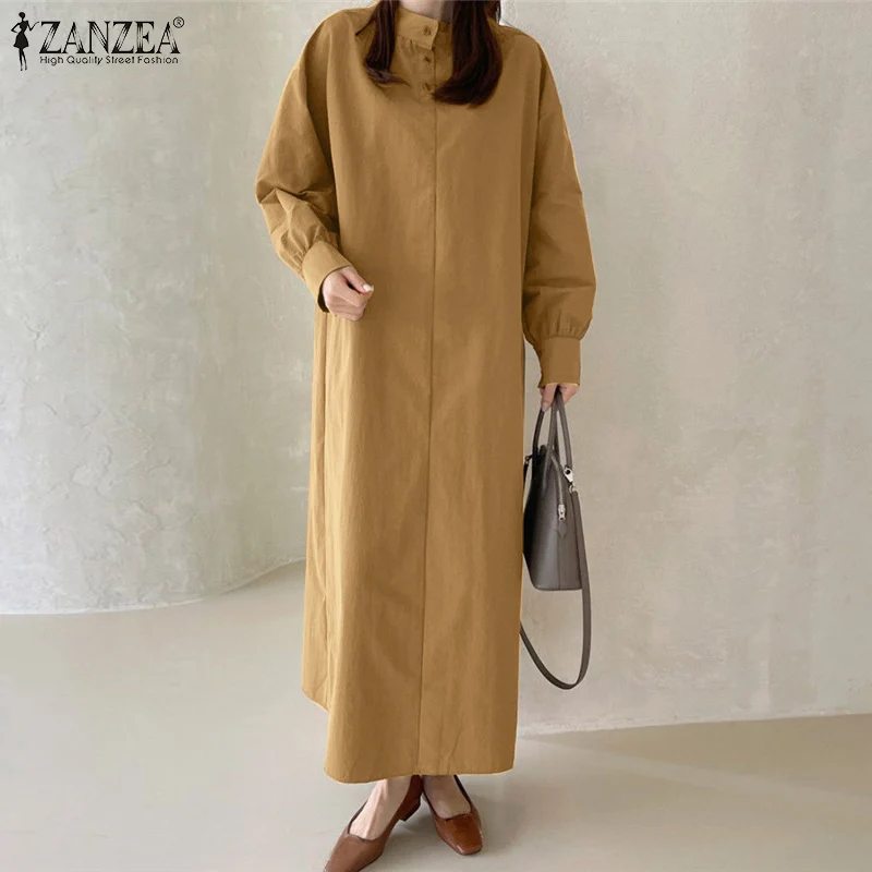 

Women Elegant Dress 2022 Spring Sundress ZANZEA Loose Solid Dresses Vintage Long Sleeve O Neck Baggy OL Vestido Oversized Robe