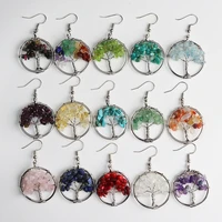 bayueba womens natural multicolor gems stone tree of life 30mm dangle round pendant copper hook earrings 5 pairs wholesale