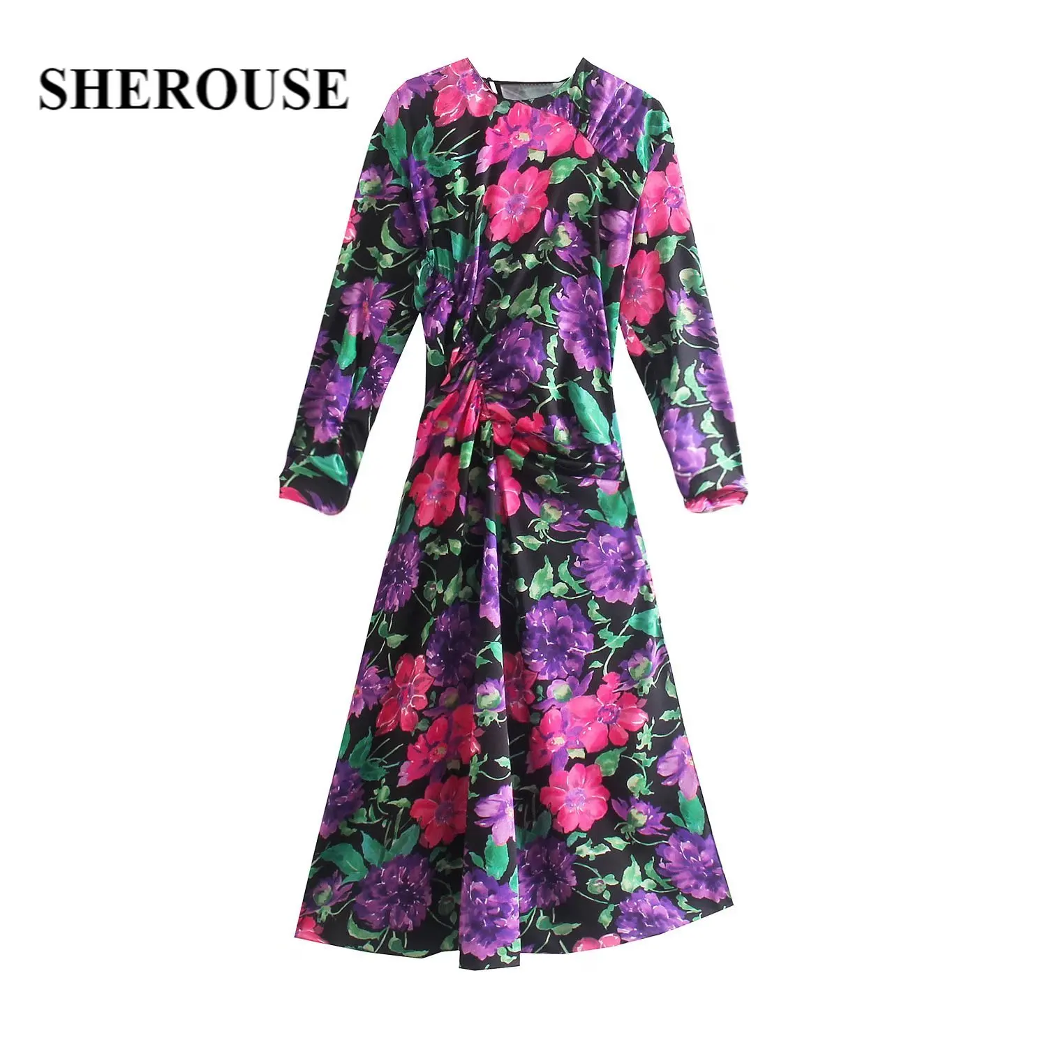 

SHEROUSE Women Fashion Floral Printed Dress Long Sleeves Round Neck Pleated Detail Opening Back Woman Vintage Midi Long Dresses