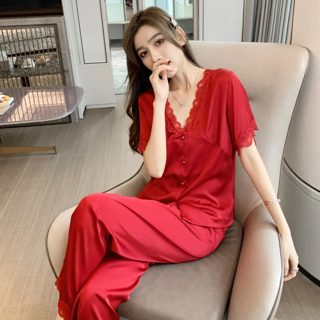 Short Sleeve Trousers Pajamas Women's Summer Ice Thin Korean Version 2021 New Spring Summer 2Pcs Set Home Wear Sleepwear