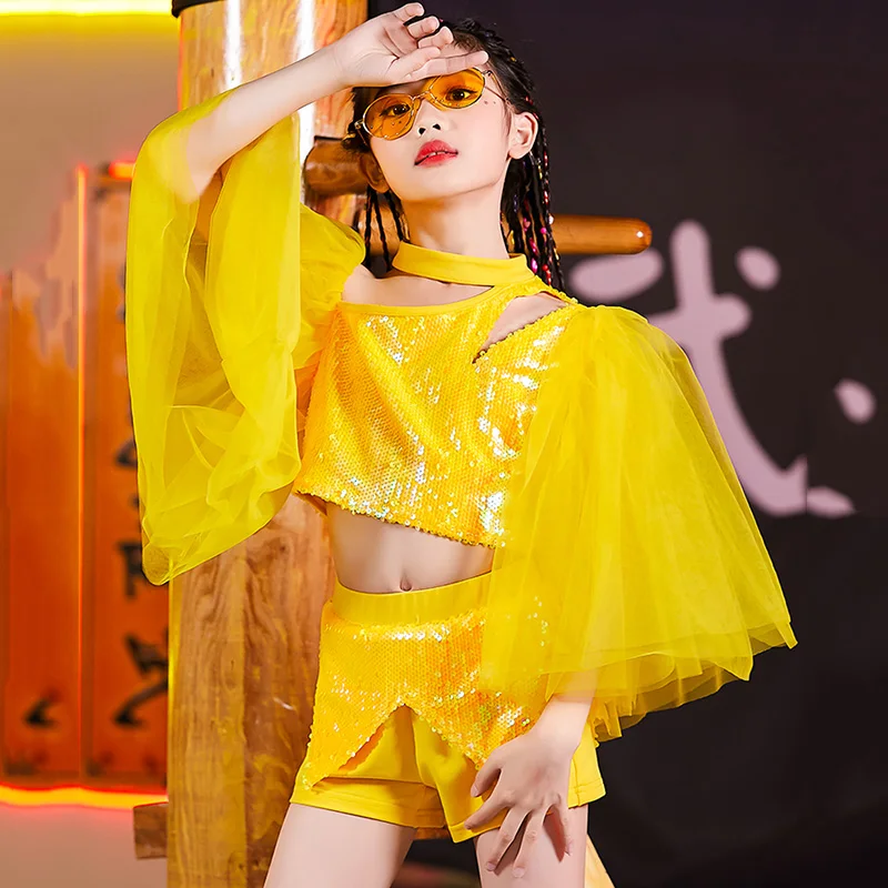 

2021 NEW Hip Hop Dance Costume Girls Yellow Sequined Jazz Suit Stage Performance Clothing Modern Outfit Kids Street Dancing Wear
