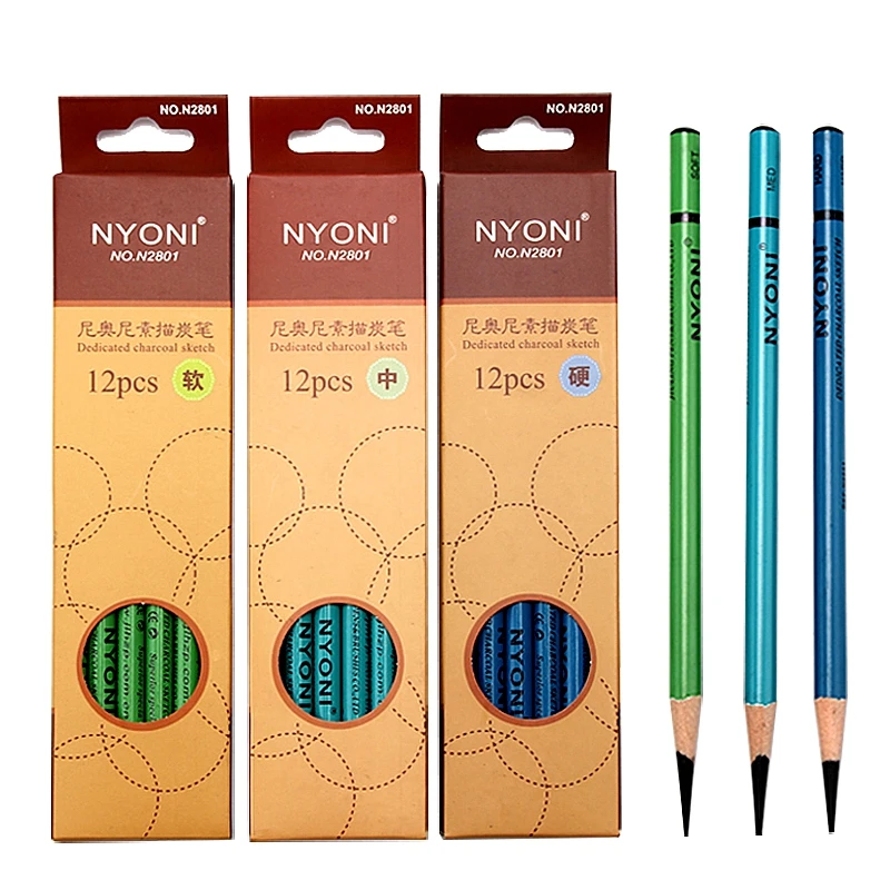 NYONI 12PCS Professional Charcoal Sketch Pencils Hard/Medium/Soft Carbon Pencil For Sketching Drawing Tool Art Supplies